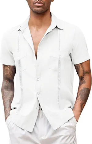 Cotton Linen Shirts for Men, Men's Cuban Guayabera Shirts Short Sleeve Casual Button Down Shirt Fashion Summer Beach Shirt
