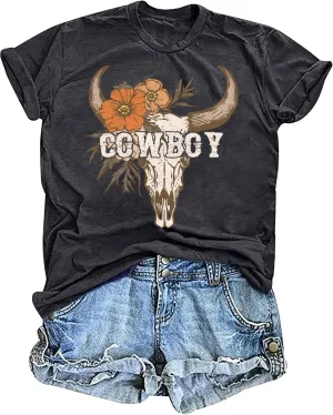 Cow Skull Shirts for Women Western Cowgirl Tshirt Vintage Rodeo Country Concert Outfit Cowboy Graphic Tee Tops