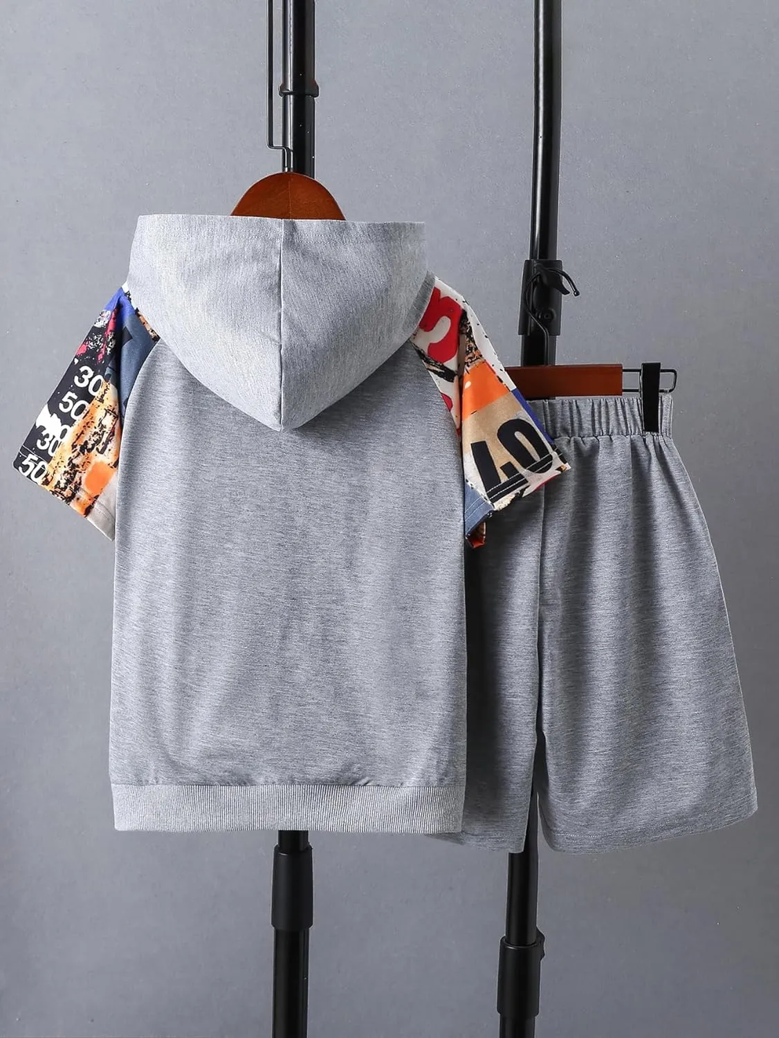 COZYEASE Boys' 2 Piece Outfits Letter Graphic Colorblock Short Sleeve Hooded T Shirt and Shorts Set
