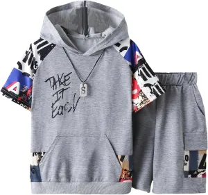 COZYEASE Boys' 2 Piece Outfits Letter Graphic Colorblock Short Sleeve Hooded T Shirt and Shorts Set