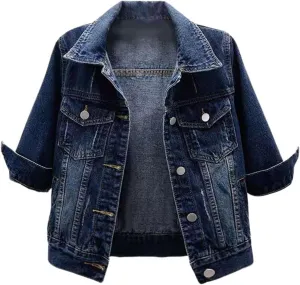 Cropped Denim Jacket for Women Long Sleeve Button Down Distressed Jean Jackets Vintage Western Shacket Jacket Pockets
