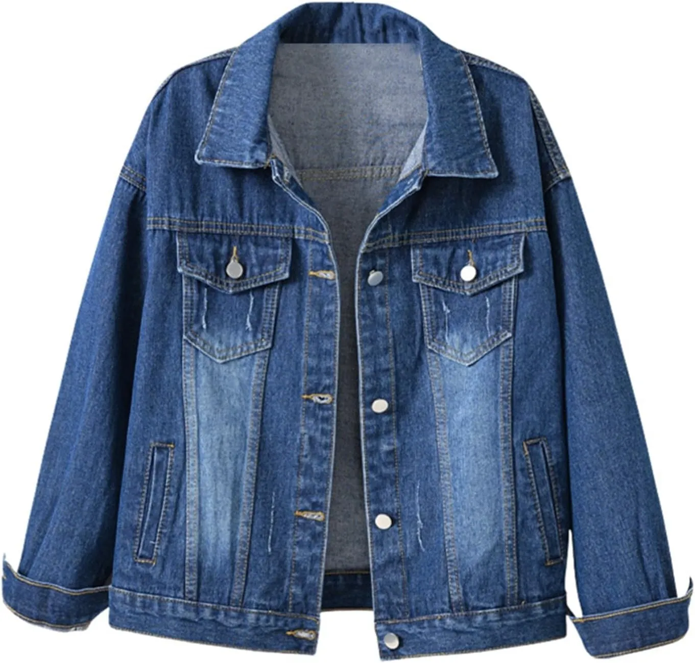 Cropped Denim Jacket for Women Long Sleeve Button Down Distressed Jean Jackets Vintage Western Shacket Jacket Pockets