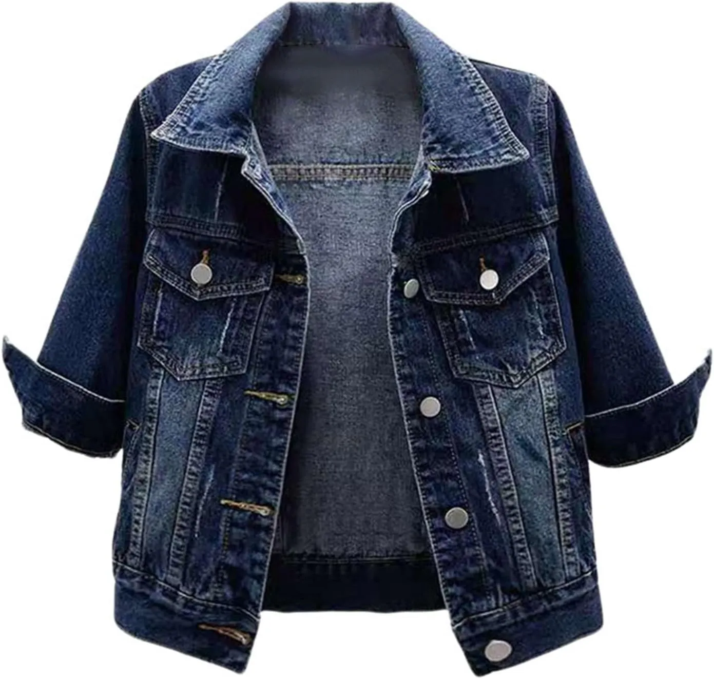 Cropped Denim Jacket for Women Long Sleeve Button Down Distressed Jean Jackets Vintage Western Shacket Jacket Pockets