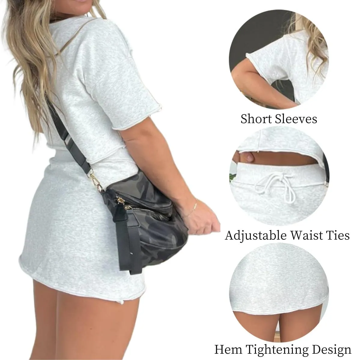 Cropped Tee Skort Set,2 Piece Sweat Skirt Outfits for Women,Summer Lightweight Washed Sets with Pockets
