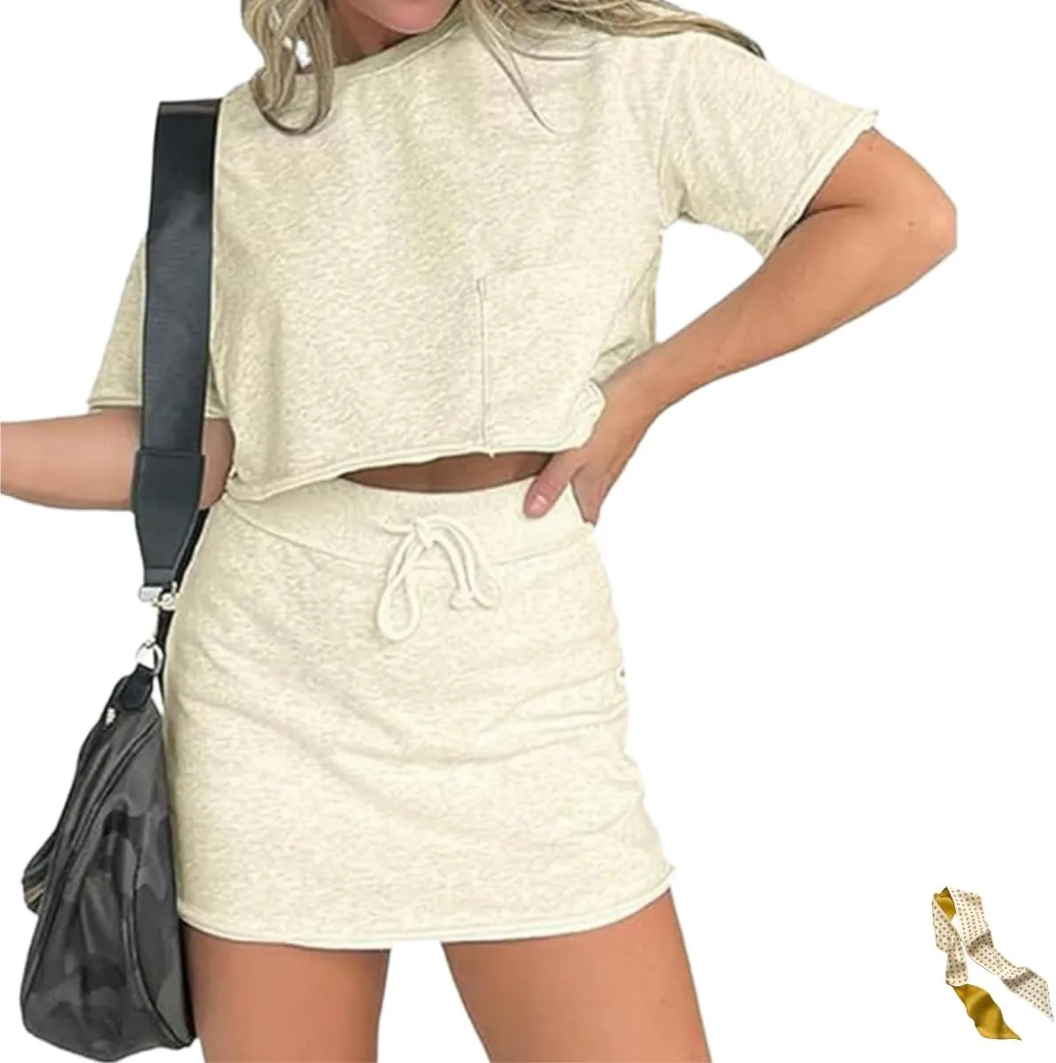 Cropped Tee Skort Set,2 Piece Sweat Skirt Outfits for Women,Summer Lightweight Washed Sets with Pockets
