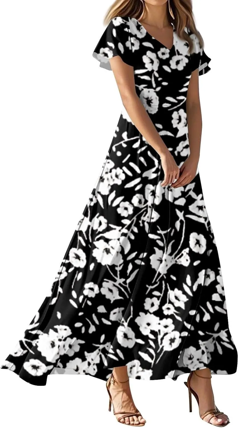 Cute Floral Maxi Dresses for Women 2025 Flowy Short Sleeve Chiffon Dress Summer Casual Prom Beach Clothes Easter Dress