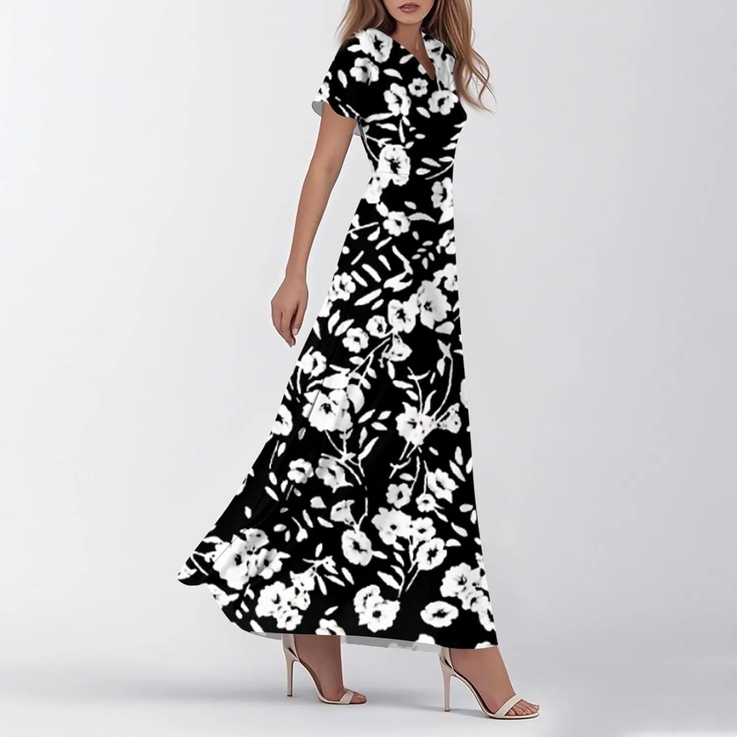 Cute Floral Maxi Dresses for Women 2025 Flowy Short Sleeve Chiffon Dress Summer Casual Prom Beach Clothes Easter Dress