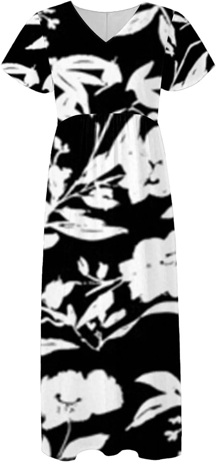 Cute Floral Maxi Dresses for Women 2025 Flowy Short Sleeve Chiffon Dress Summer Casual Prom Beach Clothes Easter Dress