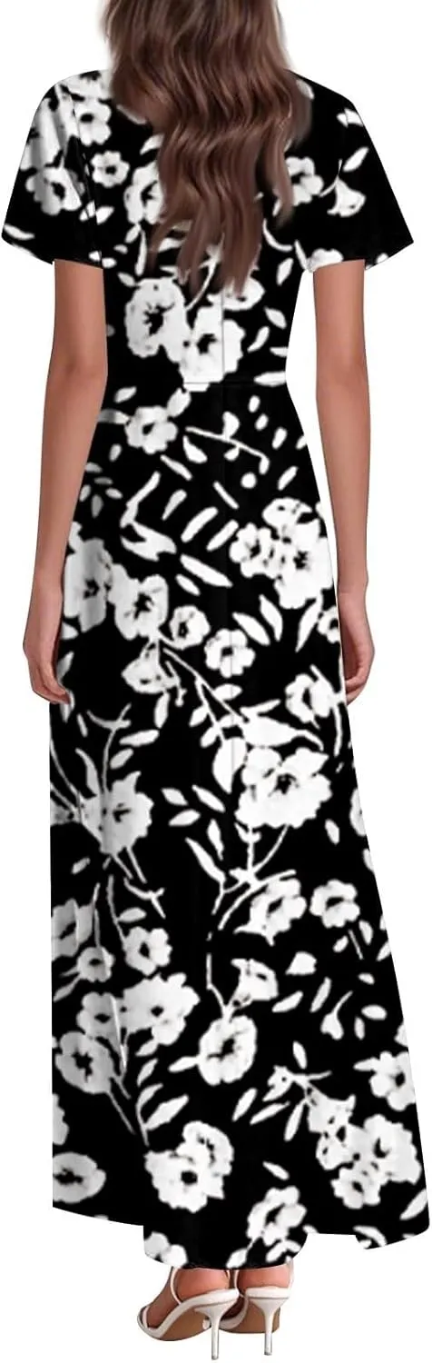 Cute Floral Maxi Dresses for Women 2025 Flowy Short Sleeve Chiffon Dress Summer Casual Prom Beach Clothes Easter Dress