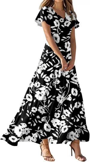 Cute Floral Maxi Dresses for Women 2025 Flowy Short Sleeve Chiffon Dress Summer Casual Prom Beach Clothes Easter Dress