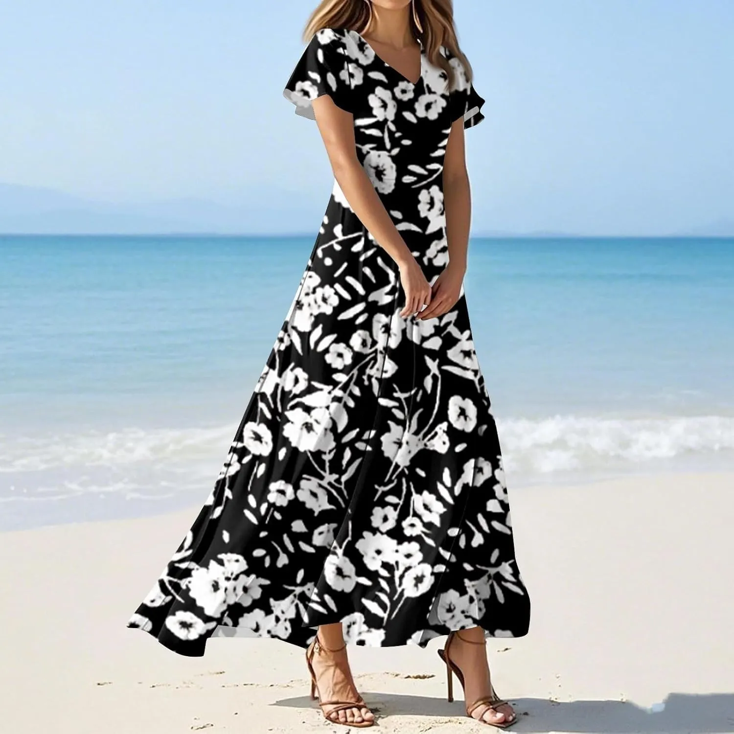 Cute Floral Maxi Dresses for Women 2025 Flowy Short Sleeve Chiffon Dress Summer Casual Prom Beach Clothes Easter Dress