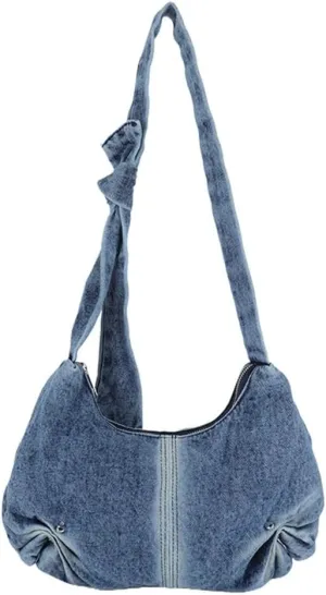 Denim Crossbody Bag Women Ruched Hobo Shoulder Bags Casual Trendy Satchel Work Travel College Tote Handbag Jean Purses