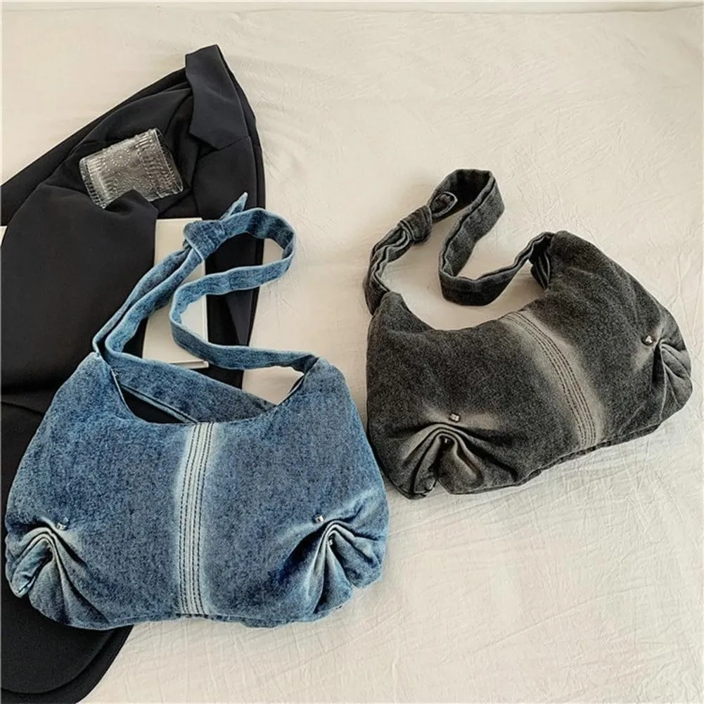 Denim Crossbody Bag Women Ruched Hobo Shoulder Bags Casual Trendy Satchel Work Travel College Tote Handbag Jean Purses