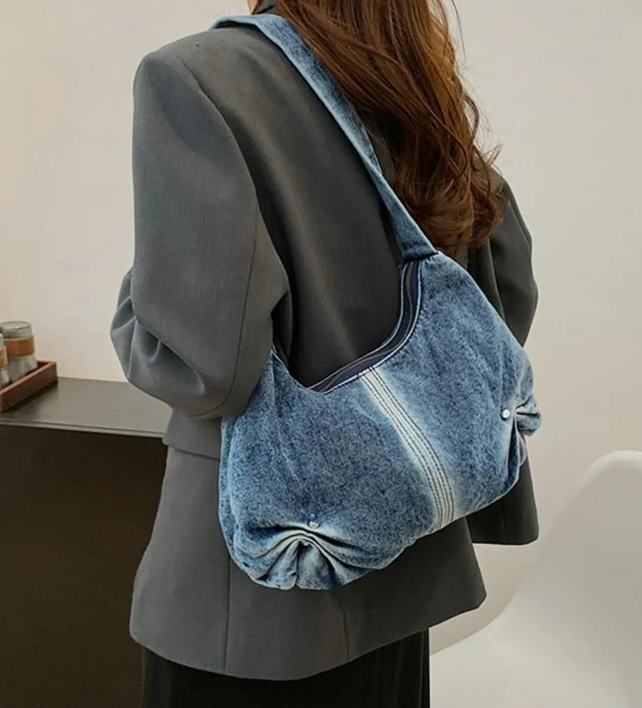 Denim Crossbody Bag Women Ruched Hobo Shoulder Bags Casual Trendy Satchel Work Travel College Tote Handbag Jean Purses