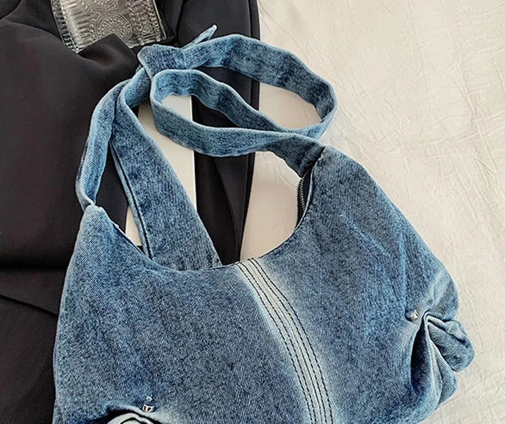 Denim Crossbody Bag Women Ruched Hobo Shoulder Bags Casual Trendy Satchel Work Travel College Tote Handbag Jean Purses