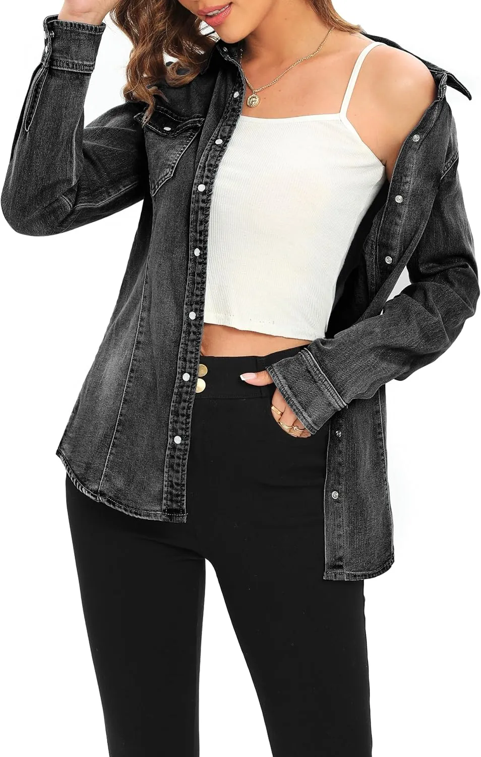 Denim Shirt for Women Long Sleeve Cotton Lightweight Fashion Denim Jacket for Women-2 Pockets