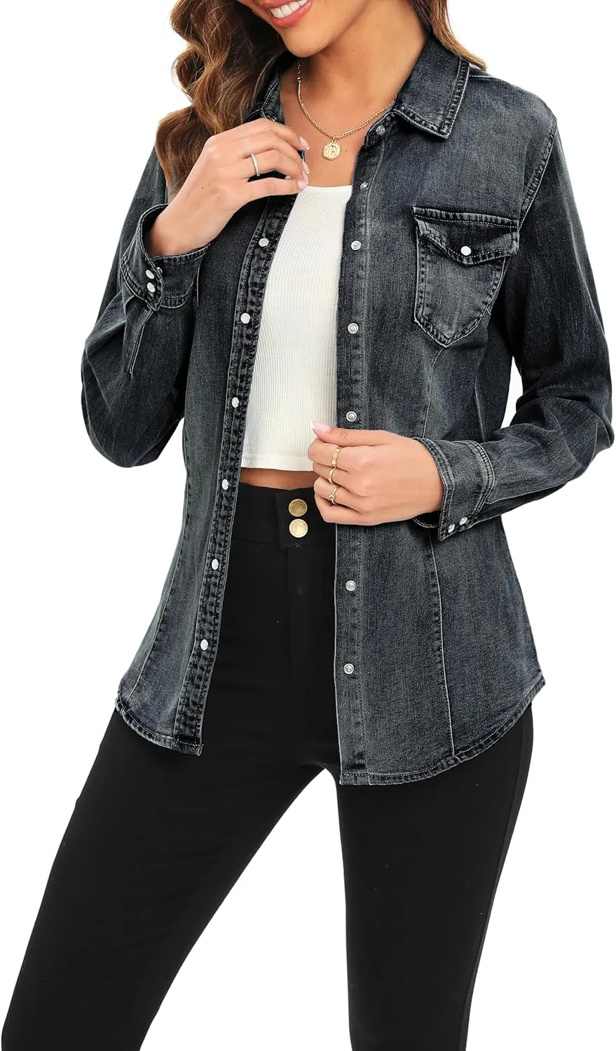 Denim Shirt for Women Long Sleeve Cotton Lightweight Fashion Denim Jacket for Women-2 Pockets