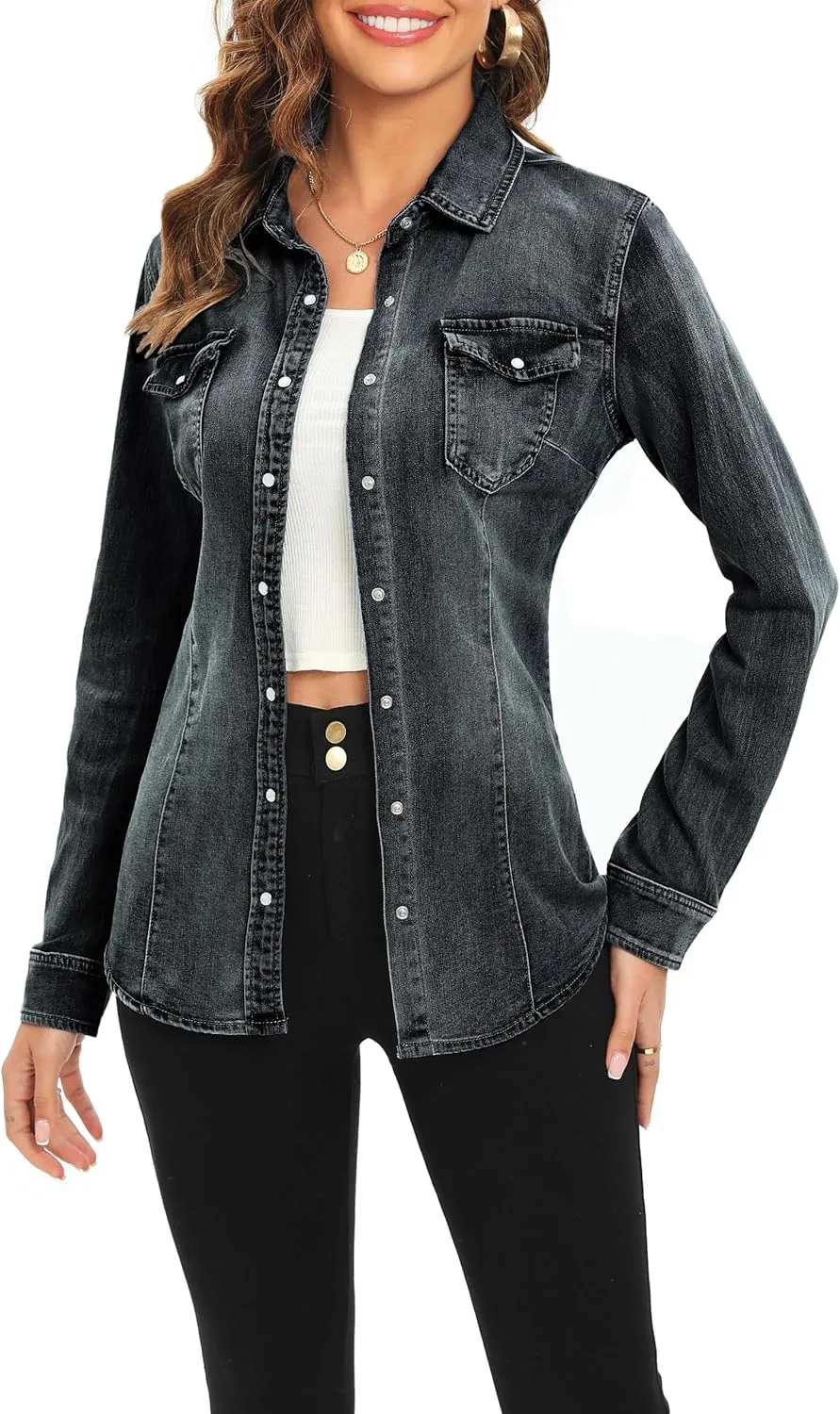Denim Shirt for Women Long Sleeve Cotton Lightweight Fashion Denim Jacket for Women-2 Pockets