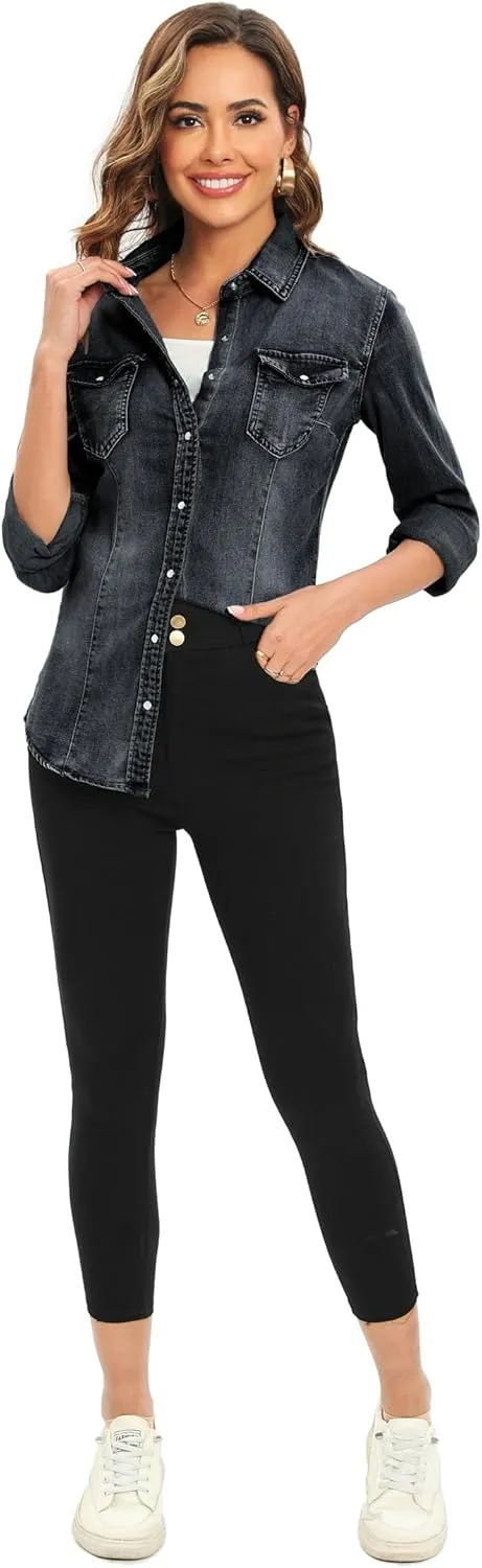Denim Shirt for Women Long Sleeve Cotton Lightweight Fashion Denim Jacket for Women-2 Pockets