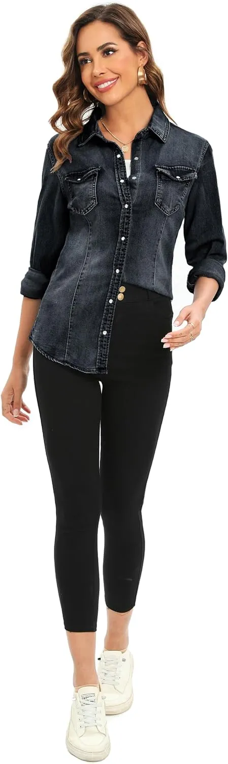 Denim Shirt for Women Long Sleeve Cotton Lightweight Fashion Denim Jacket for Women-2 Pockets