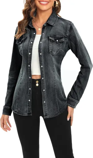 Denim Shirt for Women Long Sleeve Cotton Lightweight Fashion Denim Jacket for Women-2 Pockets