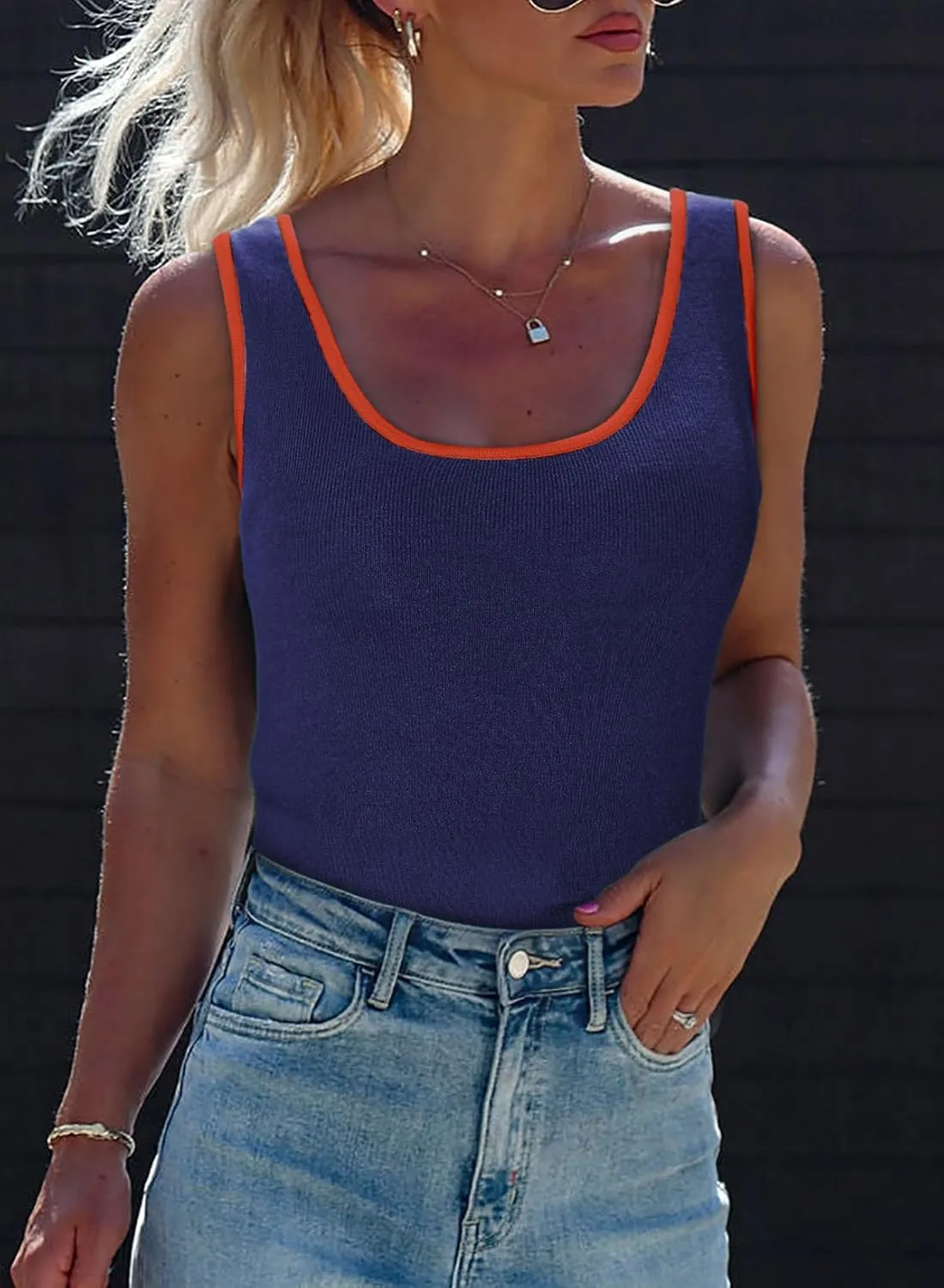 Dokotoo Womens Tank Tops 2025 Summer Casual Sleeveless Scoop Neck Ribbed Knit Color Block Slim Fitted Cami Tee Shirts
