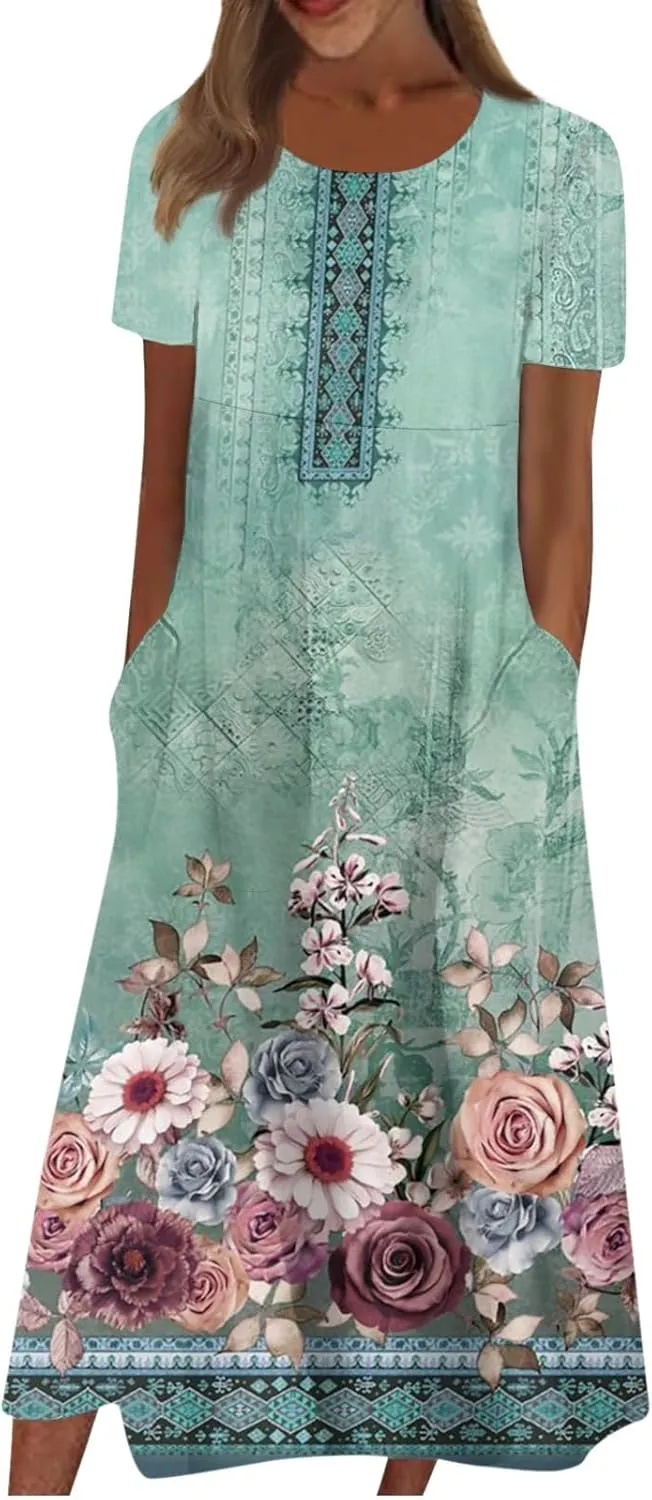Dresses for Women 2024 Pocket Printed Dresses Pleated Round Neck Long Dresses Short Sleeve Elegant Maxi Dress