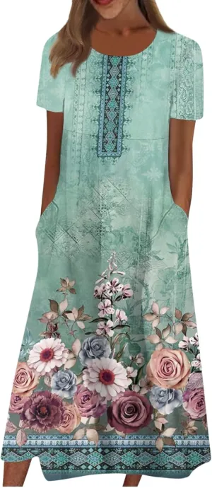 Dresses for Women 2024 Pocket Printed Dresses Pleated Round Neck Long Dresses Short Sleeve Elegant Maxi Dress