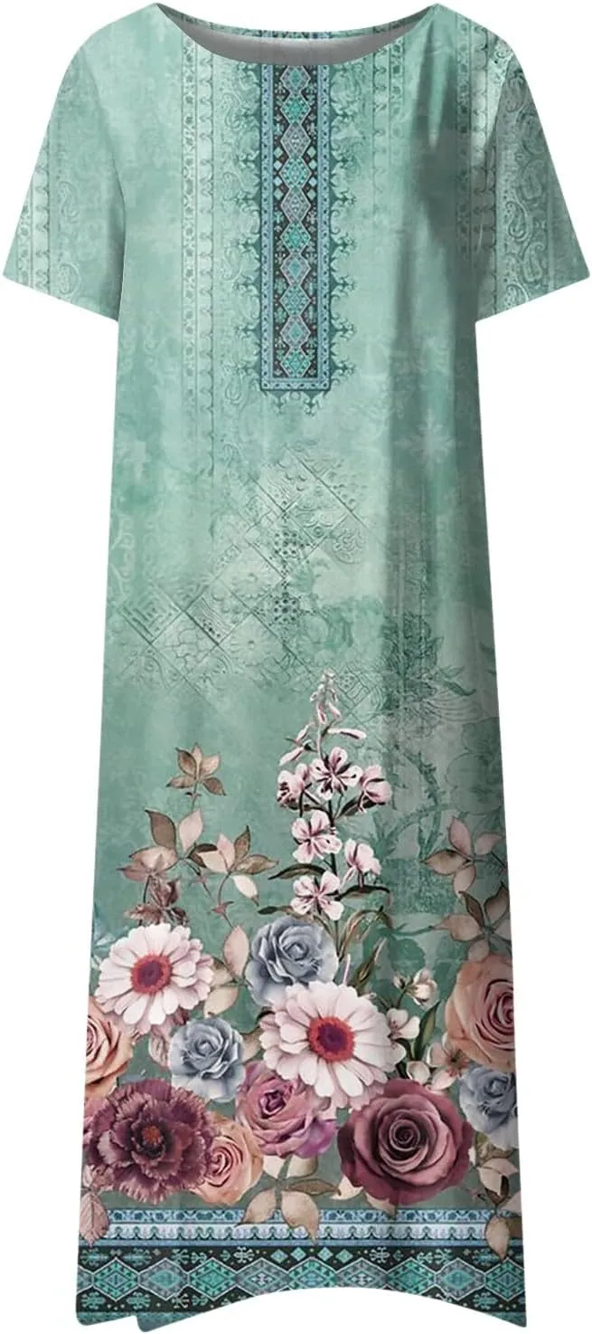 Dresses for Women 2024 Pocket Printed Dresses Pleated Round Neck Long Dresses Short Sleeve Elegant Maxi Dress