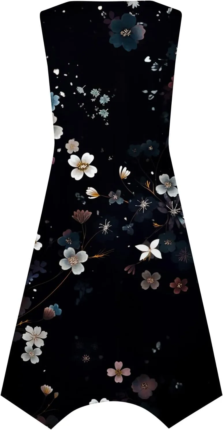 Dresses for Women 2024 Round Neck Floral Print Maxi Dress Sleeveless Flowy Beach Dresses Hankerchief Hem Dress