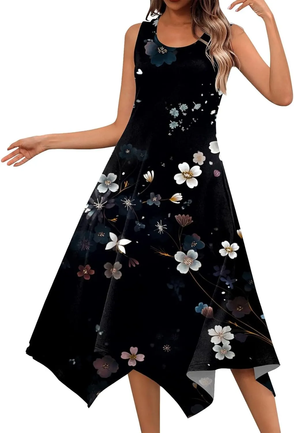 Dresses for Women 2024 Round Neck Floral Print Maxi Dress Sleeveless Flowy Beach Dresses Hankerchief Hem Dress