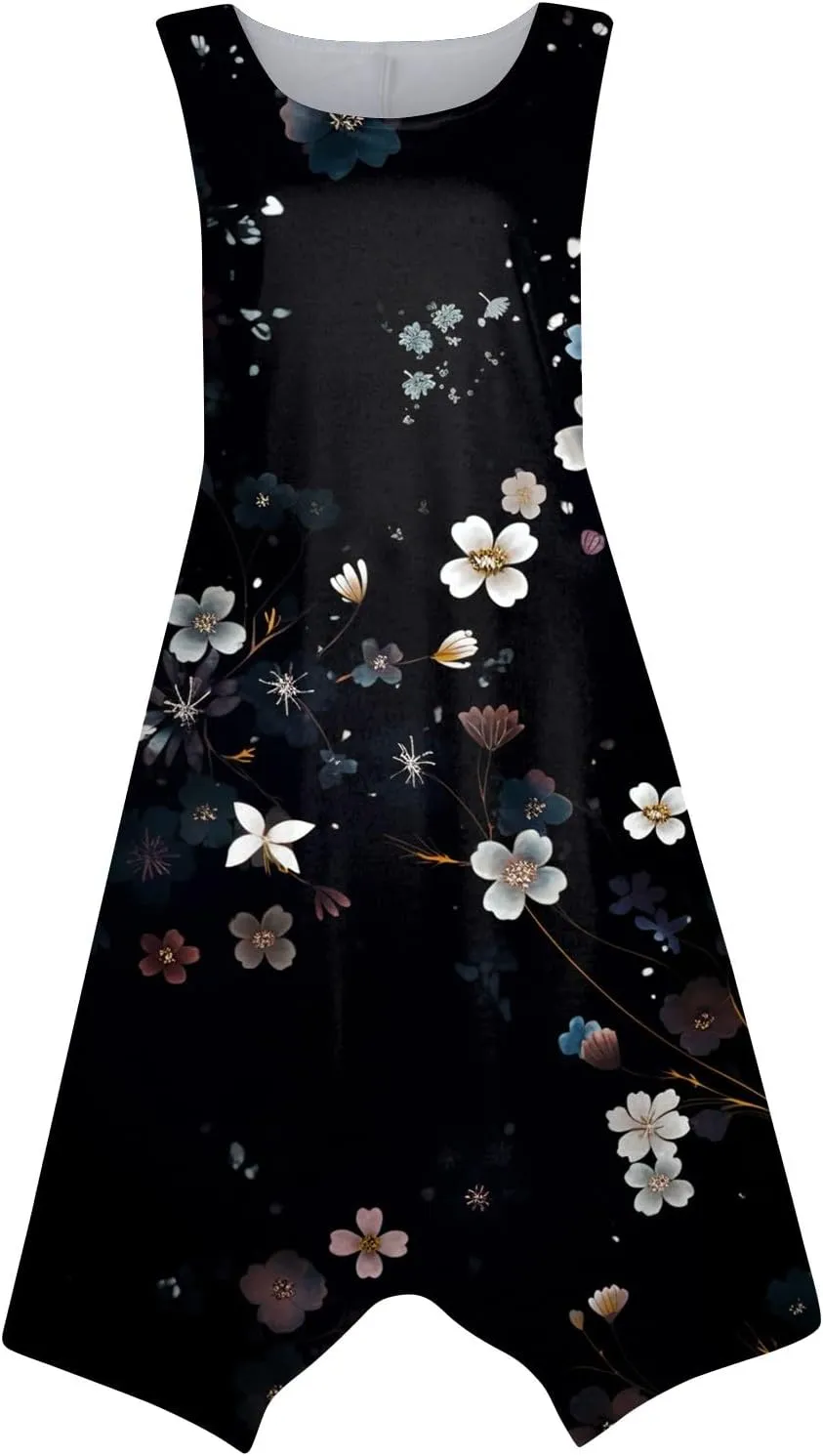 Dresses for Women 2024 Round Neck Floral Print Maxi Dress Sleeveless Flowy Beach Dresses Hankerchief Hem Dress