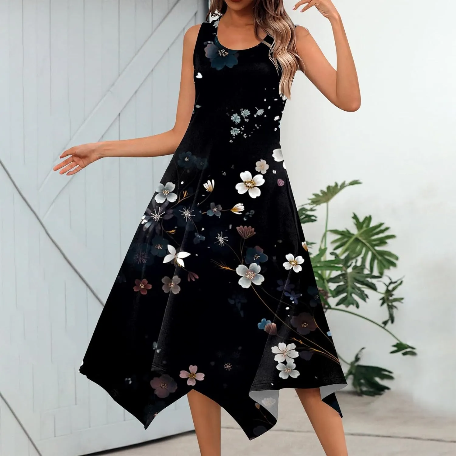 Dresses for Women 2024 Round Neck Floral Print Maxi Dress Sleeveless Flowy Beach Dresses Hankerchief Hem Dress