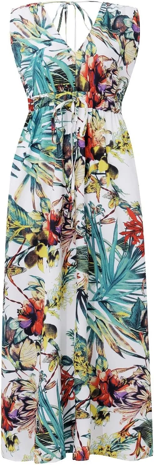 Dresses for Women 2024 Summer Casual Print Bandage Elastic Waist V-Neck Sleeveless Pullover Dress