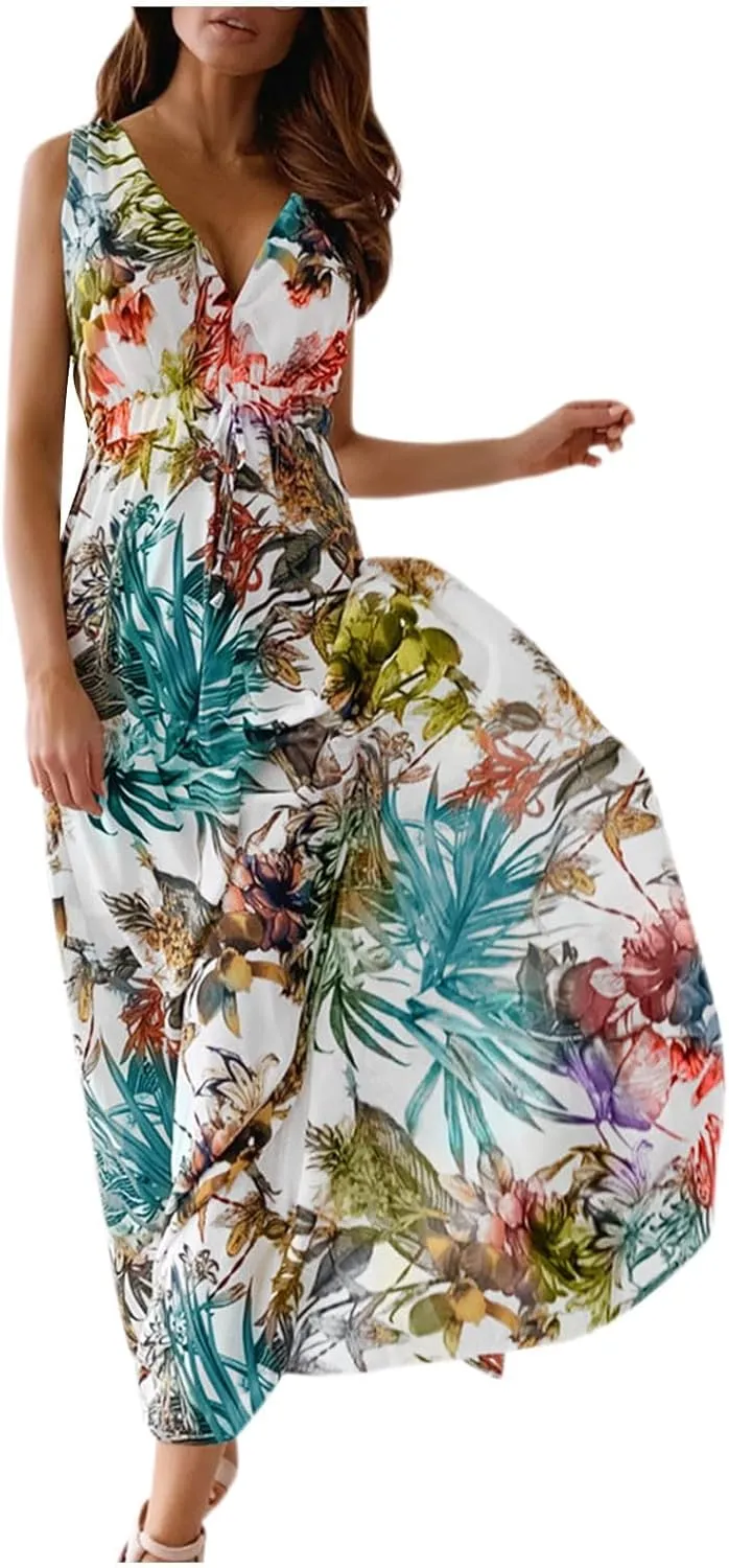Dresses for Women 2024 Summer Casual Print Bandage Elastic Waist V-Neck Sleeveless Pullover Dress