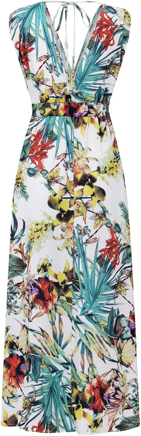 Dresses for Women 2024 Summer Casual Print Bandage Elastic Waist V-Neck Sleeveless Pullover Dress