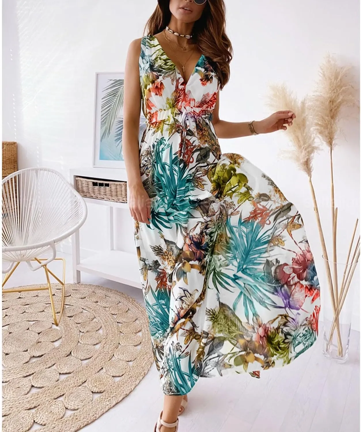 Dresses for Women 2024 Summer Casual Print Bandage Elastic Waist V-Neck Sleeveless Pullover Dress