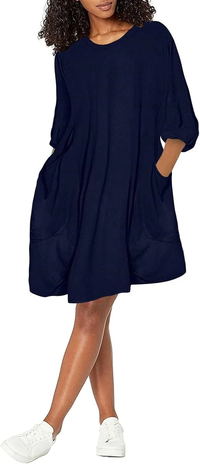 Dresses for Women 2024,Summer Casual Loose Long Top Crewneck 3/4 Sleeve Solid Lightweight Plus Size Dress with Pocket