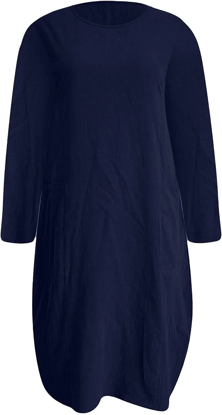 Dresses for Women 2024,Summer Casual Loose Long Top Crewneck 3/4 Sleeve Solid Lightweight Plus Size Dress with Pocket