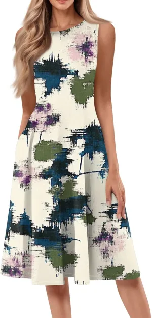 Dresses for Women Midi A Line Dress Sleeveless Casual Flowy Beach Long Sundress with Pockets 2025 Vacation Travel