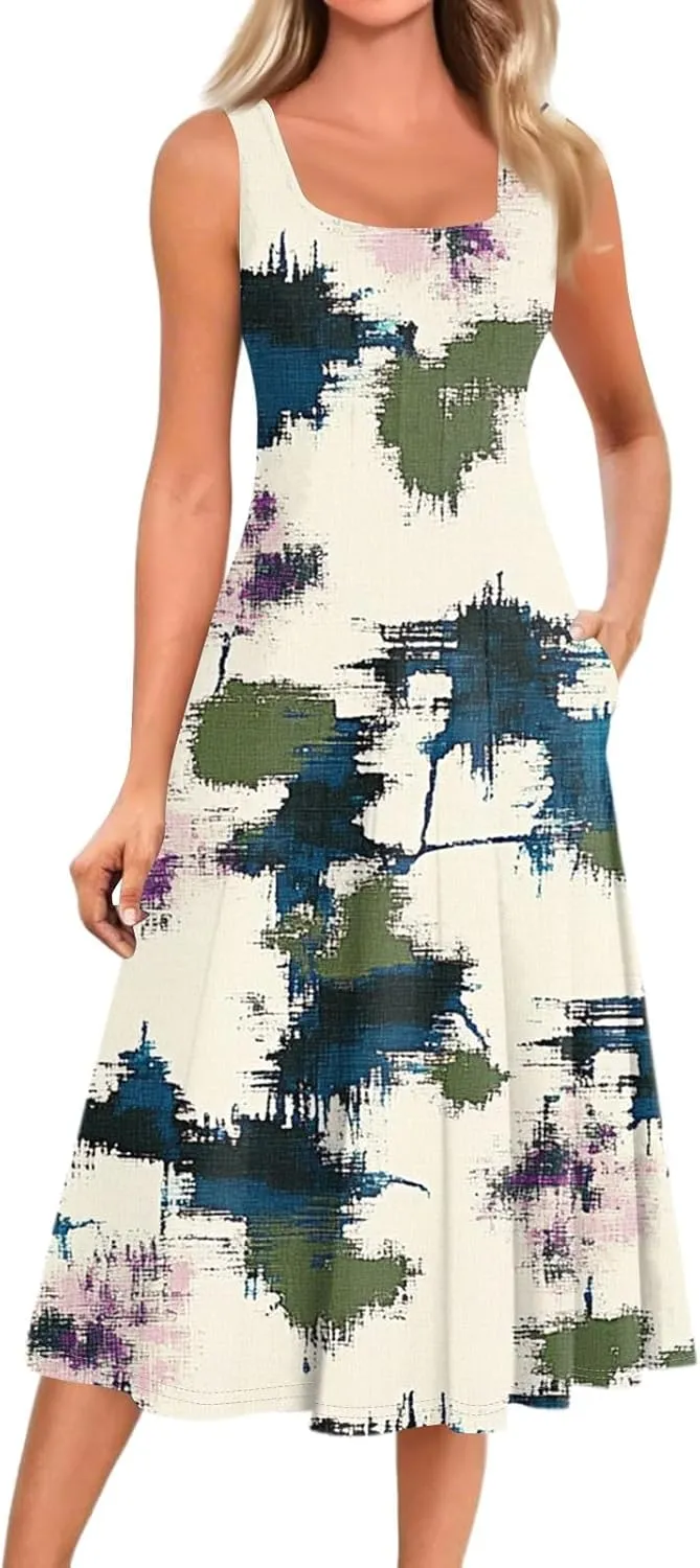 Dresses for Women Midi A Line Dress Sleeveless Casual Flowy Beach Long Sundress with Pockets 2025 Vacation Travel