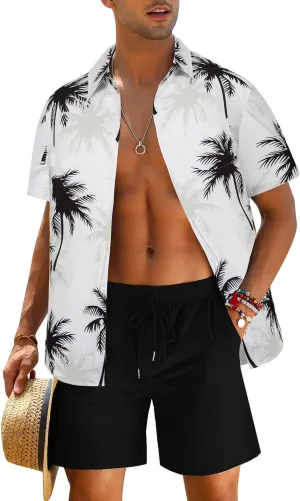EISHOPEER Men's Flower Shirt Hawaiian Sets Casual Button Down Short Sleeve Shirt and Solid Quick Dry Beach Shorts S-3XL