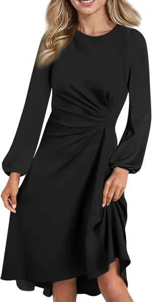 Elegant Women's Long Sleeve Midi Dress with Asymmetrical Hem and Waist Detail Perfect for Casual or Fashion