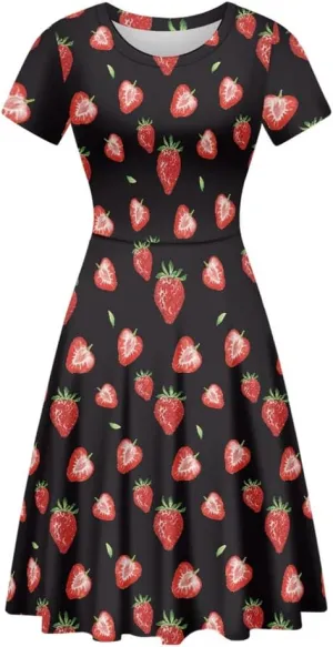 ENLACHIC Women's Summer Floral Lemon Print Dress Short Sleeve Swing T Shirt Midi Dresses