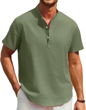 Enlision Mens Cotton Linen Henley Shirts Casual Short Sleeve Shirt Summer Beach Hippie Tshirt Band Collar Shirt for Men