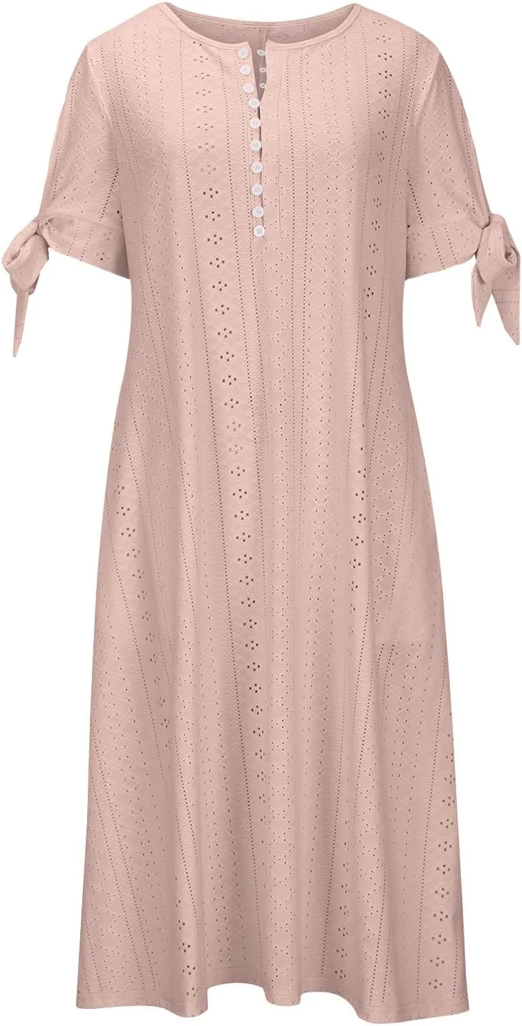 Eyelet Dress for Women Solid Color Button V Neck Short Sleeve Fashion Sundresses Casual Summer 2025 Beach Maxi Dress