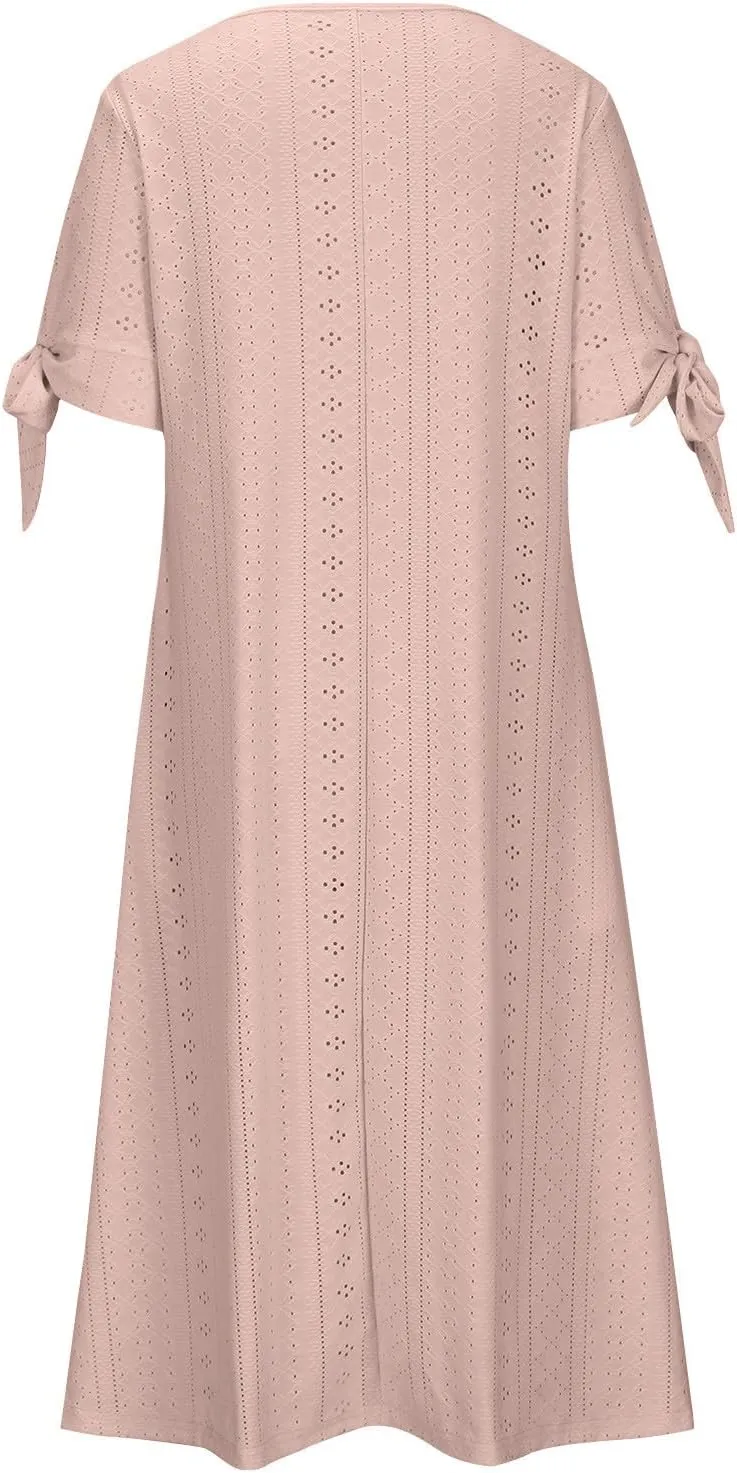 Eyelet Dress for Women Solid Color Button V Neck Short Sleeve Fashion Sundresses Casual Summer 2025 Beach Maxi Dress