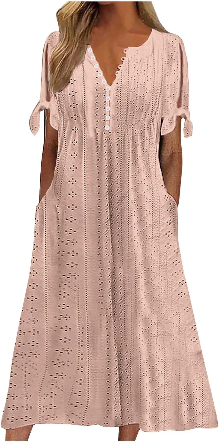 Eyelet Dress for Women Solid Color Button V Neck Short Sleeve Fashion Sundresses Casual Summer 2025 Beach Maxi Dress
