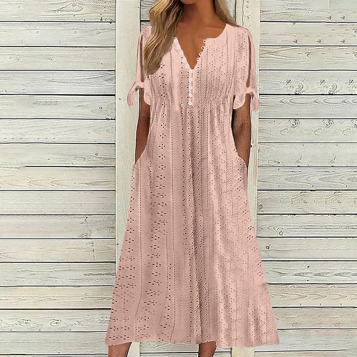 Eyelet Dress for Women Solid Color Button V Neck Short Sleeve Fashion Sundresses Casual Summer 2025 Beach Maxi Dress