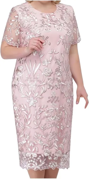Fashion Plus Size Lace Chiffon Dresses Women Cocktail Wedding Guest Midi Dress Round Neck Short Sleeve Bodycon Dress